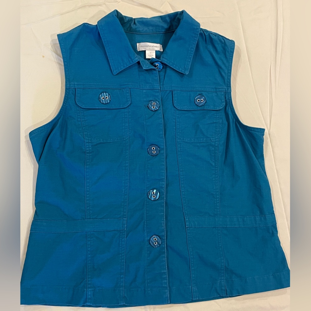 Christopher & Banks Womens M Teal Button Down Casual Vest with Ribbon Tie Back